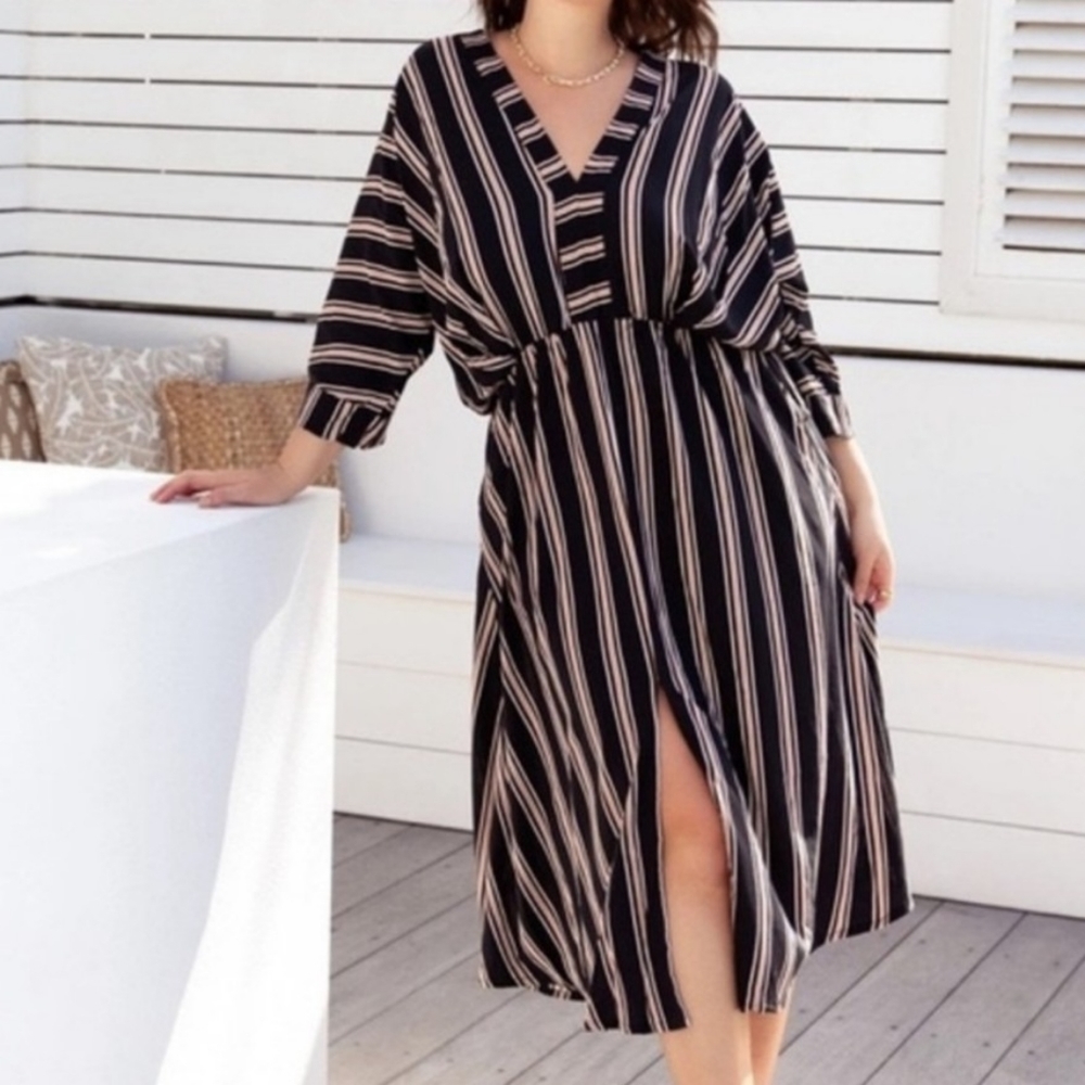 Uma and Leopold Anita Striped Midi Kaftan Dress With Pockets, Sz Lrg